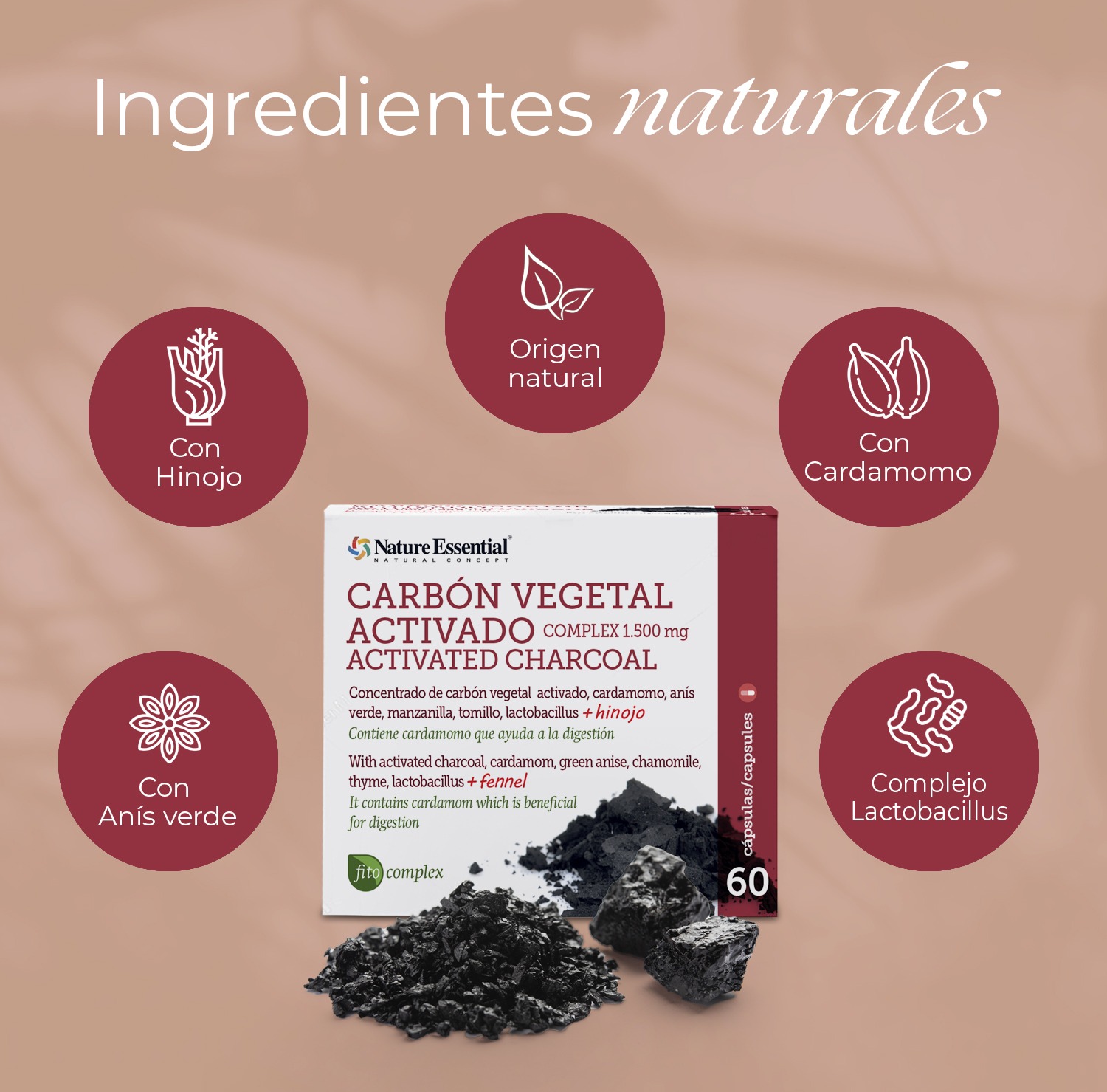Carbón vegetal activado (complex) 1500 mg. (ext. seco) 60 cápsulas - Imagen 3